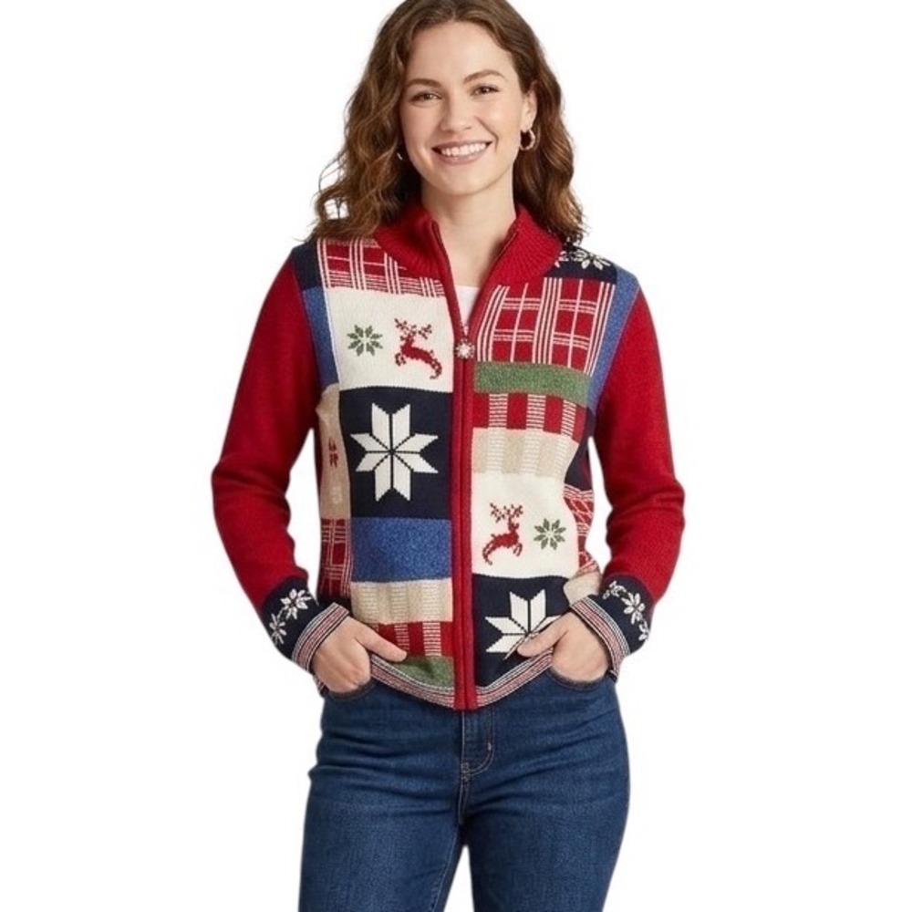 Christopher & Banks Red Christmas Patchwork Zip Cardigan Nordic Sweater Large